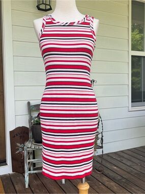 Vintage 90s Carolina Colours Ribbed Bodycon Dress Striped Multi Color Medium
